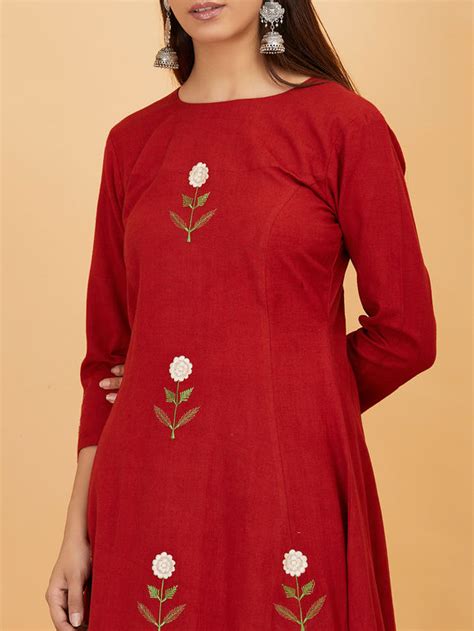 Buy Red Embroidered Khadi Kurta Online At Theloom