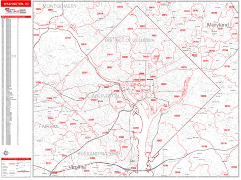 Washington District Of Columbia Zip Code Wall Map Red Line Style By