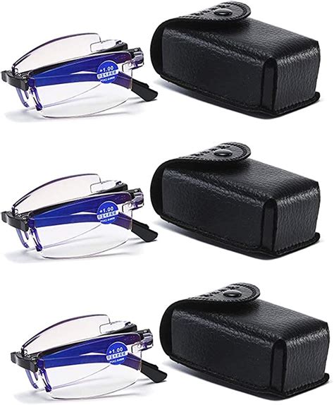 3 Pairs Reading Glasses 200 Rimless Blue Light Blocking Folding Reader With Leather Cases