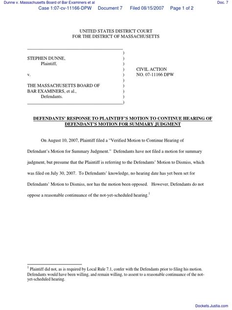 Defendants Response To Plaintiffs Motion To Continue Hearing Of