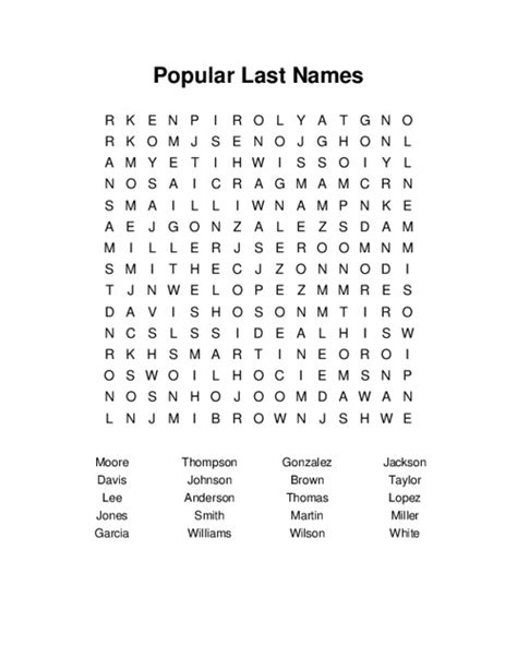 Popular Last Names Word Search