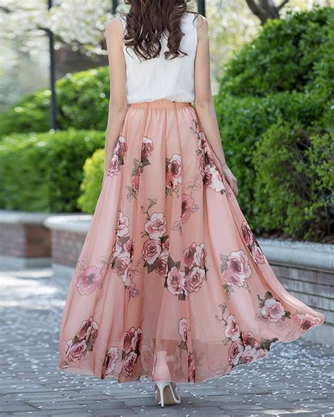 Chiffon Floral Skirt Printed Skirt Elastic Waist Skirt Maxi Etsy