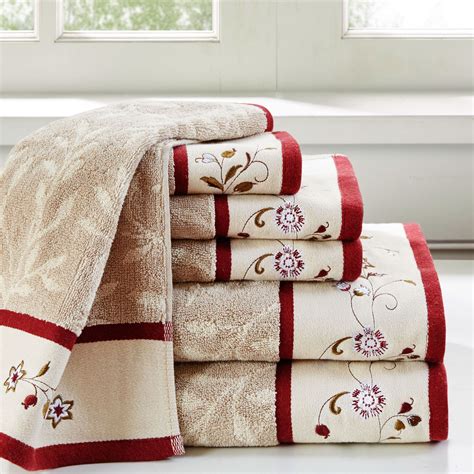 Floral Serenity Khaki And Burgundy 6 Pc Bath Towel Set