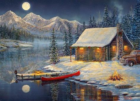 5 Winter Log Cabin Paintings Cabin Art Winter Painting Winter Landscape