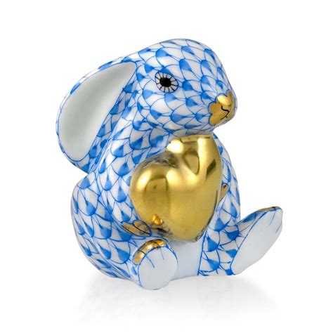 Herend Figurine Bunny Rabbit With Heart Blue Fishnet