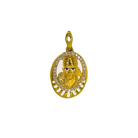 22k Yellow Gold Sai Baba Pendant W Cz Gems Hand Paint And Round Frame