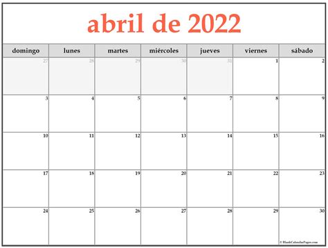 Calendario Abril 2022 Para Imprimir