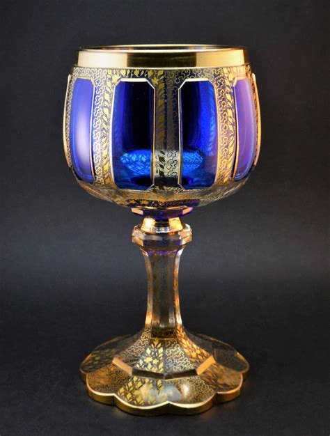 Antique 19thc Bohemian Moser Blue Cabochon Gold Gilt Goblet Wine Drinking Glass Drinking Glass