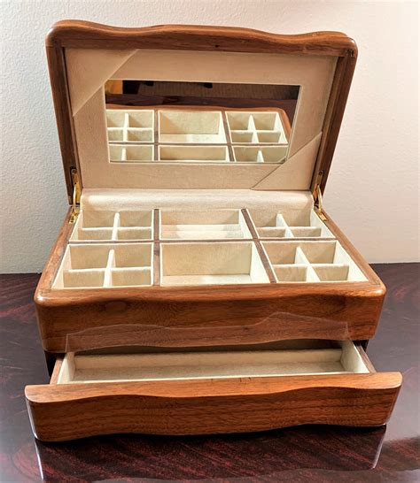 Vintage Solid Wood Jewelry Box Varnished Beautifully Crafted Padded Compartments And Drawer