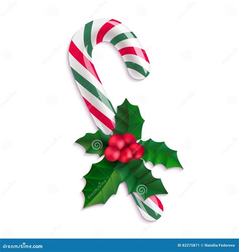 Candy Cane And Holly On White Background Stock Vector Illustration