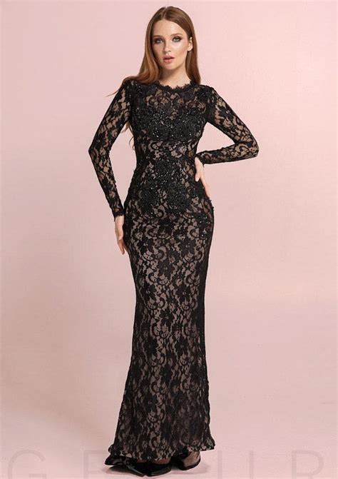 Black Long Evening Lace Dress Long Sleeves Dress For Women Beaded Bodycon Dress Sequin Cami