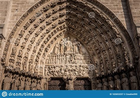 Detail Of The Main Arch On The West Facade Of Notre Dame Cathedral