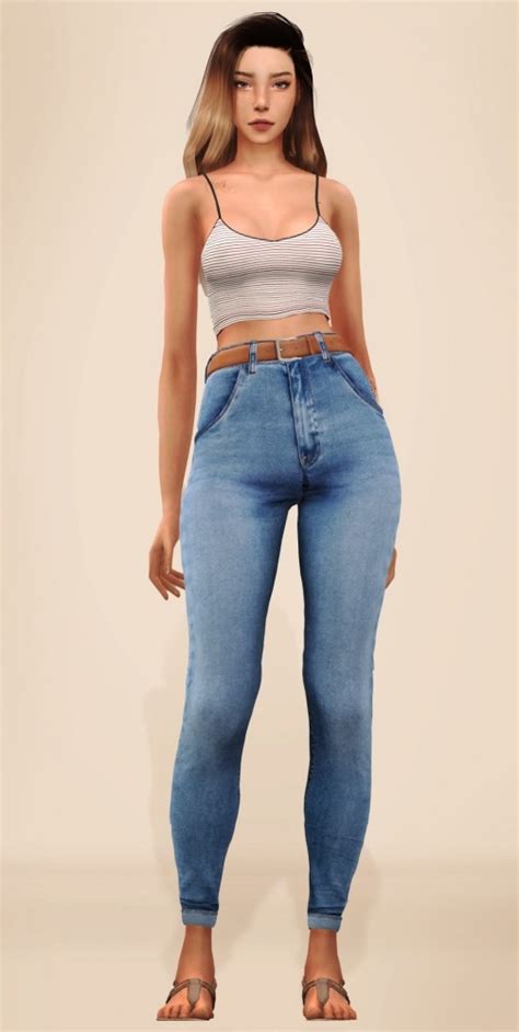 Crop Tank Top And Belted Simple Jeans At Elliesimple Sims 4 Updates