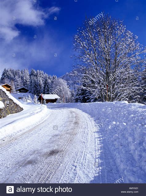 Snowy Road Villars Sur Ollon Switzerland Europe Stock Photo Alamy