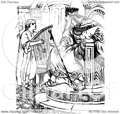 Clipart Of Retro Vintage Black And White David Playing A Harp For King
