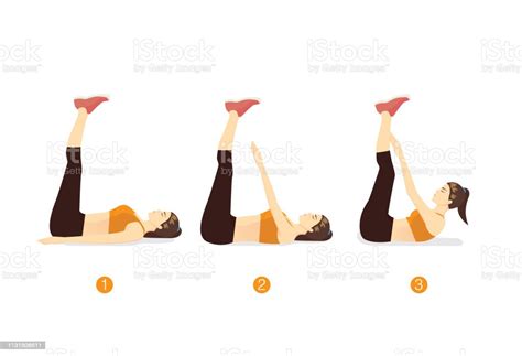 Woman Doing Toe Touch Workout In Lying Posture On Mat Stock