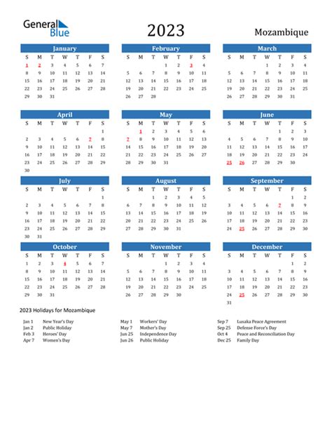 2023 Mozambique Calendar With Holidays