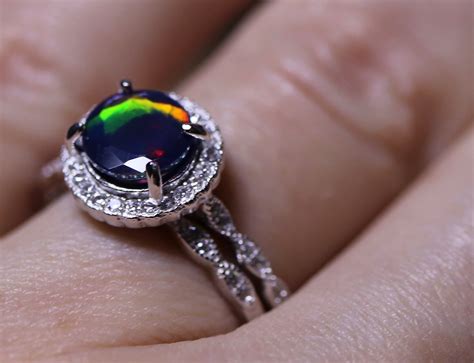 Black Opal Ring Black Opal Wedding Opal Bridal Set Dainty Halo Ring