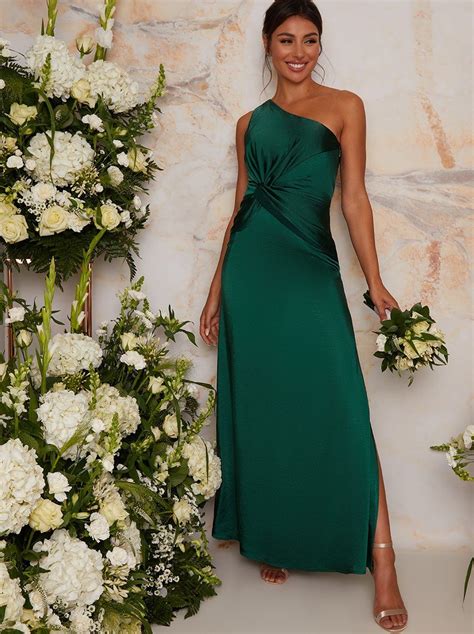 One Shoulder Satin Finish Maxi Bridesmaids Dress In Green Green
