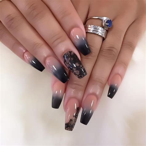 Black Ombré French Tip And Lace Nail Designs French Nails Nails Lace