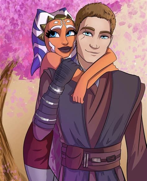 An Image Of A Man And Woman In Star Wars Outfits Hugging Under A Cherry Blossom Tree