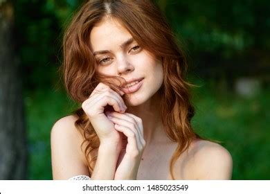 Woman Nature Green Grass Naked Shoulders Stock Photo