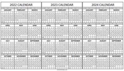 Three Year Calendar 2022 2023 2024 Three Year Calendar