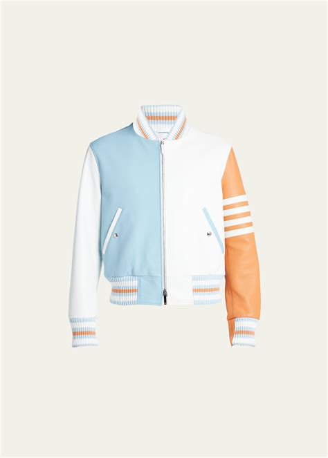 Thom Browne Colorblock Leather Bomber Jacket White Editorialist