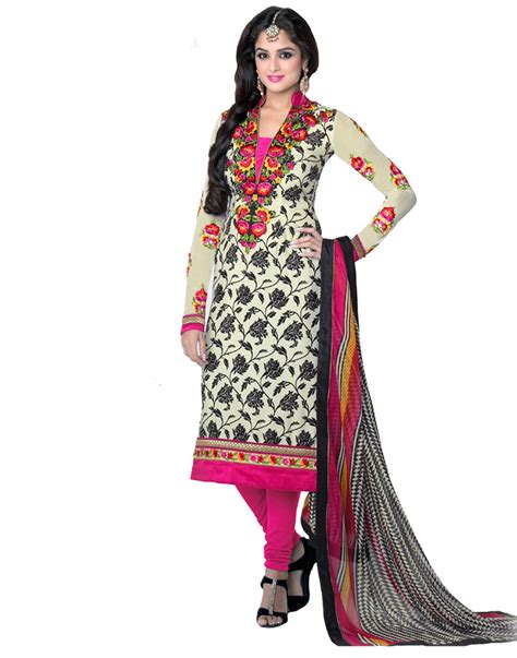 Inddus Lovely White Embroidered French Crepe Semistitched Salwar Kameez With Chiffon Dupatta