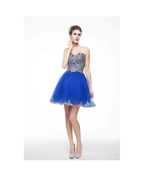 Royal Blue Mini Short Strapless Beaded Top Tulle Sparkly Puffy Prom