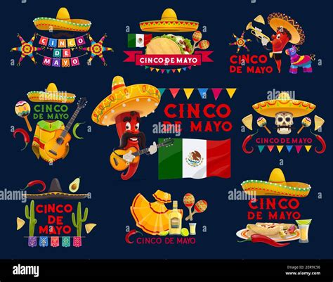 Cinco De Mayo Mexican Holiday Vector Icons Fiesta Party Sombrero Hats