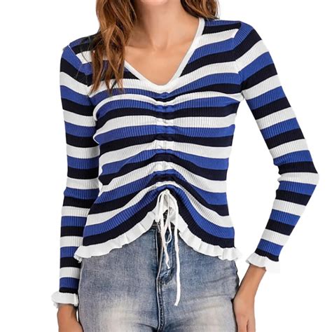 Jaycosin Women Autumn Winter V Neck Striped Pullovers Bandage Knitted