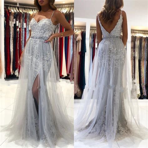 Elegant Spaghetti Straps Sweetheart Lace Tulle Prom Dress With Appliques
