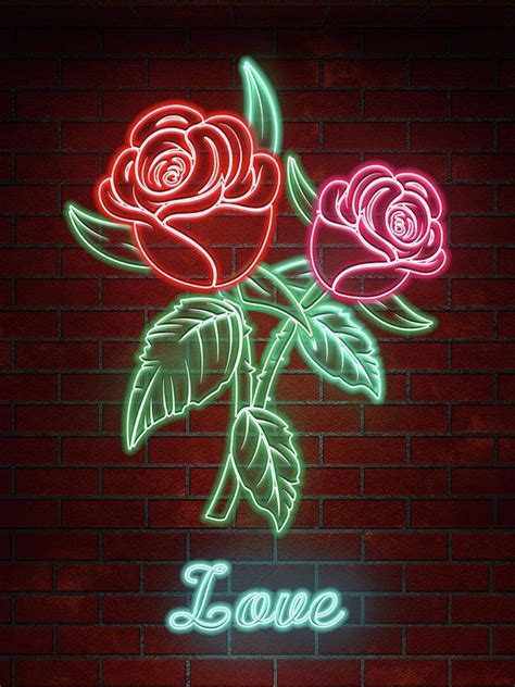 Romantic Roses In Neon Lights Text Love Art Print By Elaine Plesser In