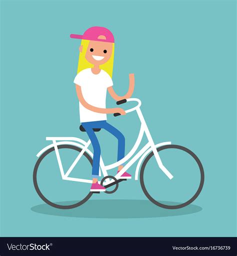Young Blond Girl Riding A Bike And Waving Her Vector Image