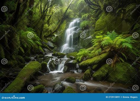 Majestic Waterfall In A Lush Green Forest With Mossy Rocks Generative