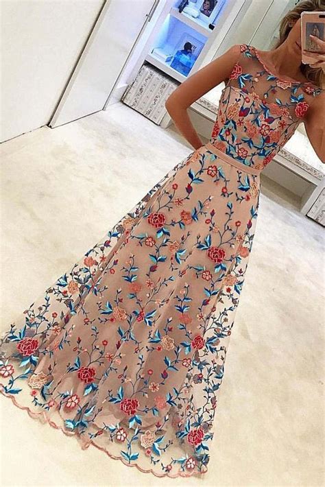 Unique Floral Embroidery Long A Line Prom Dress Evening Dress Okdresses
