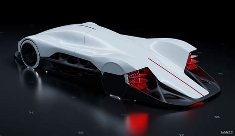 The Futuristic Car Is White And Has Red Lights On Its Taillights