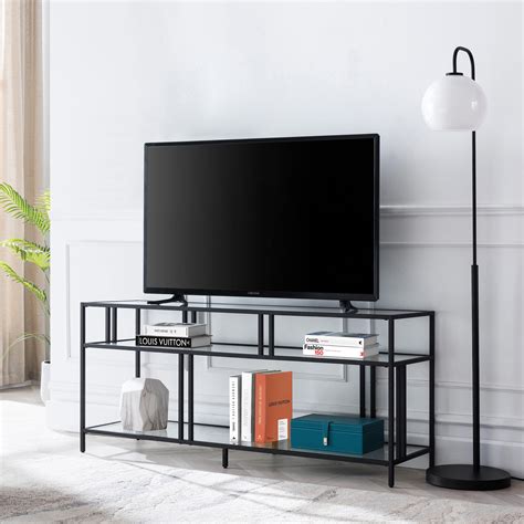 Evelynandzoe Industrial Metal Tv Stand With Glass Shelves For Tvs Up To