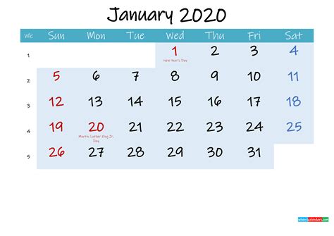 Printable January 2020 Calendar Word Template K20m229