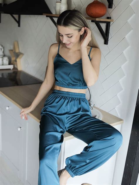 Green Color Silk Pajama Set With Wide Leg Highwaisted Pants Etsy