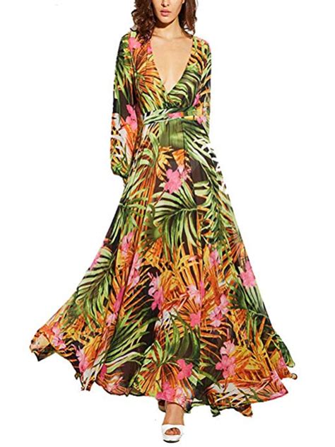 Women Boho Beach Dress Floral V Neck Dress Long Sleeve Leaf Print Flared Dress