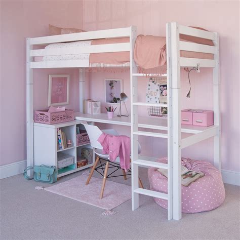 Classic Beech High Sleeper With Desk And Storage Bookcase Pure White Bunk Bed With Desk