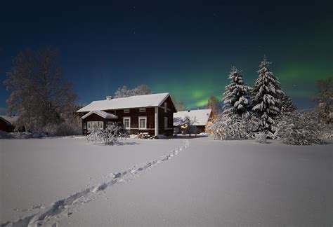 Nature Landscape Winter Snow House Trees Night