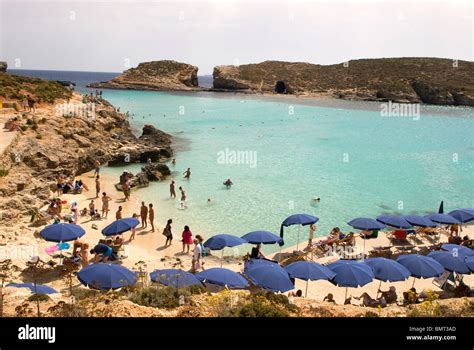 Tourists Enjoying The Clear Waters Of The Blue Lagoon Comino Malta