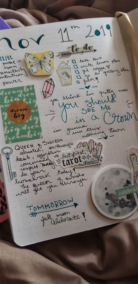 An Open Notebook With Lots Of Writing And Stickers Attached To The