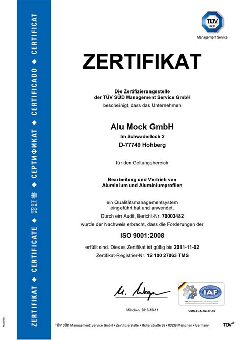 Zertifikate mustervorlagen.auf der seite downloads stehen ihnen die mustervorlagen der eignungsnachweise und unser werbeflyer zum ausdruck zur verfügung. AluMock: Aktuelles ISO 9001:2008 Zertifikat