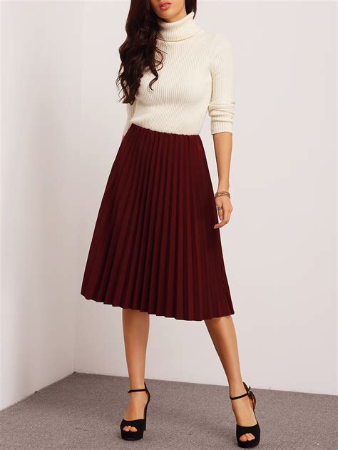 Burgundy Pleated Midi Skirt | SHEIN
