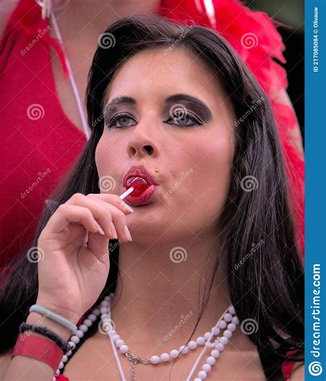 Red Lollipop Red Lips Blue Eyes Editorial Stock Image Image Of