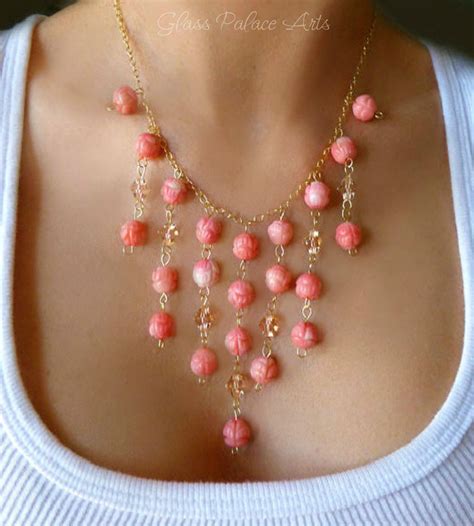 Coral Statement Necklace With Swarovski Cystals Pink Coral Multi